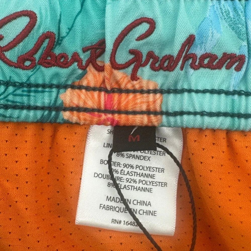 Robert Graham Swim Trunks Mens Medium Teal Green Floral Pocket Regular Fit New